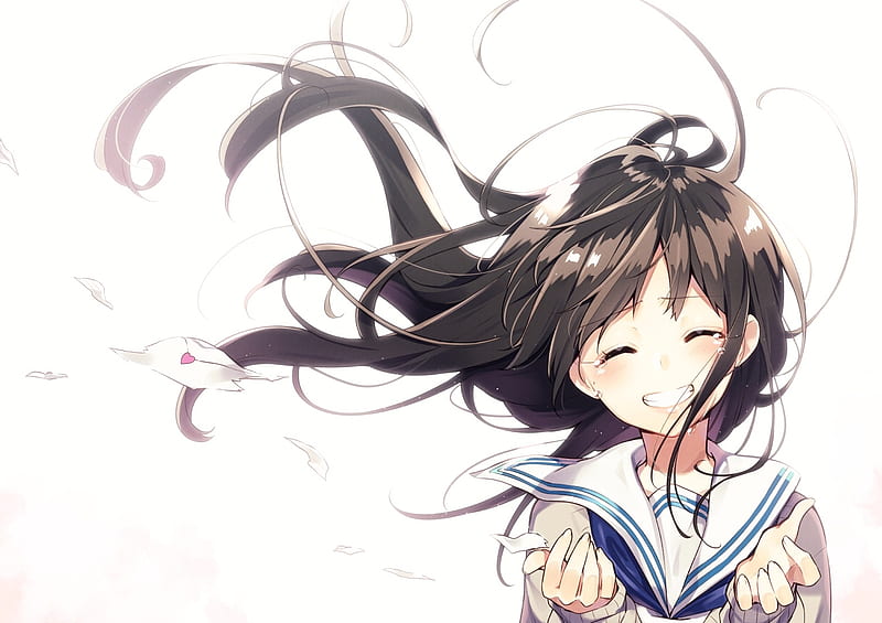 anime girl, happy tears, brown hair, closed eyes, school uniform, Anime, HD wallpaper