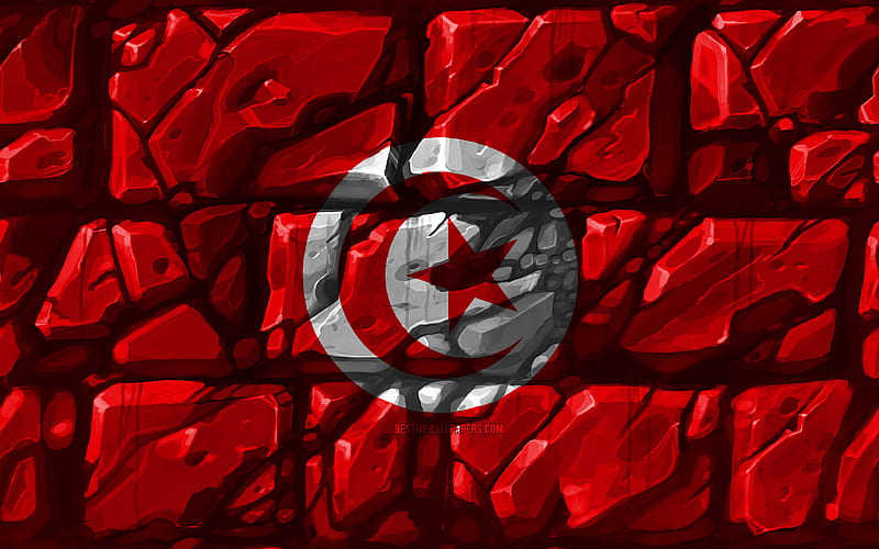 Tunisian flag, brickwall African countries, national symbols, Flag of Tunisia, creative, Tunisia, Africa, Tunisia 3D flag, HD wallpaper