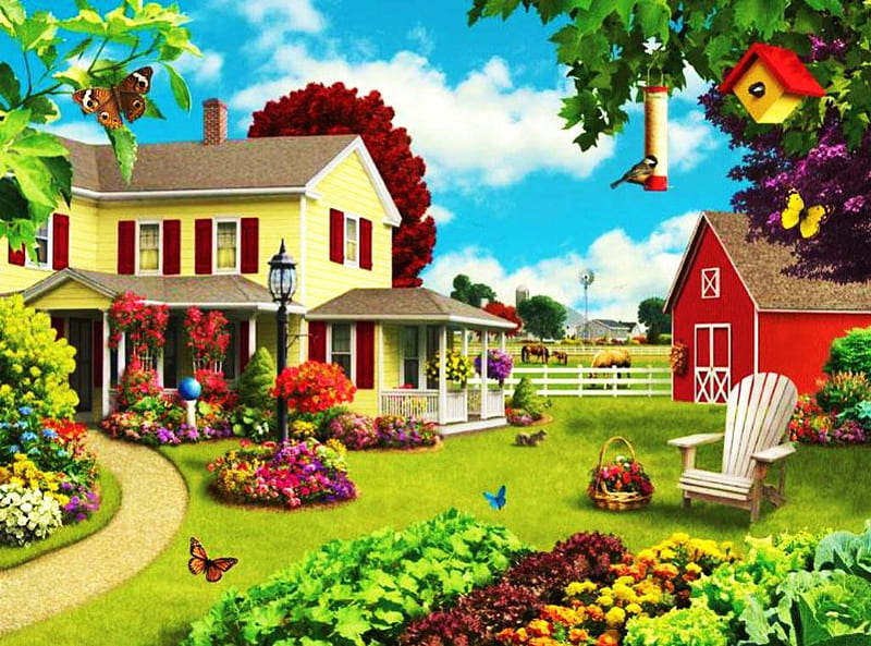 Country Scenery, legumes, houses, trees, painting, blossoms, flowers, path, garden, chair, HD wallpaper