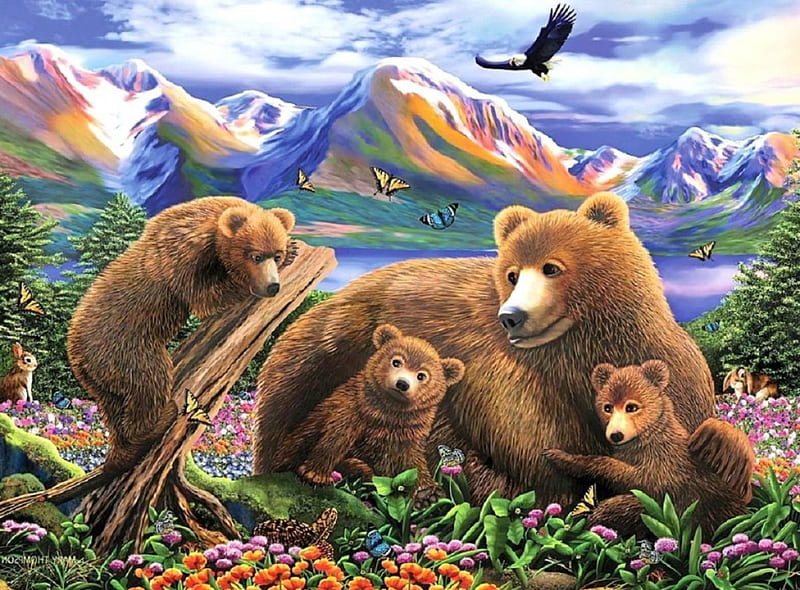 Mama Bear, painting, mama, cubs, nature, HD wallpaper