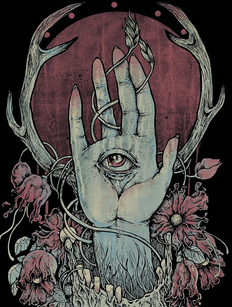 Grindesign, bizarre, death, eye, flower, hand, horns, skull, zombie, HD phone wallpaper