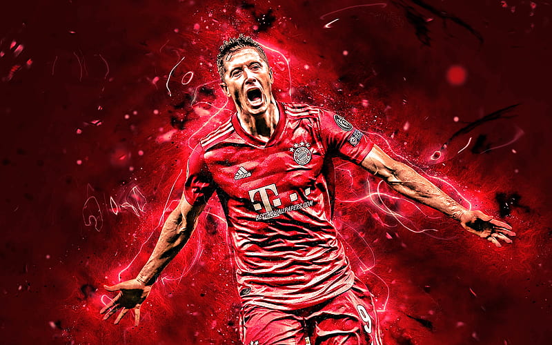 Robert Lewandowski, goal, Bayern Munich FC, polish footballers, soccer, striker, Lewandowski, Bundesliga, neon lights, Germany, HD wallpaper