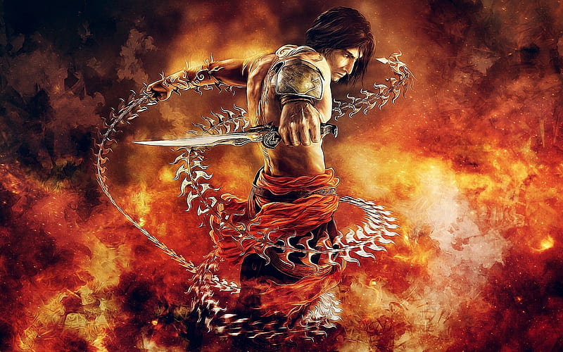 Prince of Persia, fire, fantasy, orange, the two thrones, luminos, man, HD wallpaper