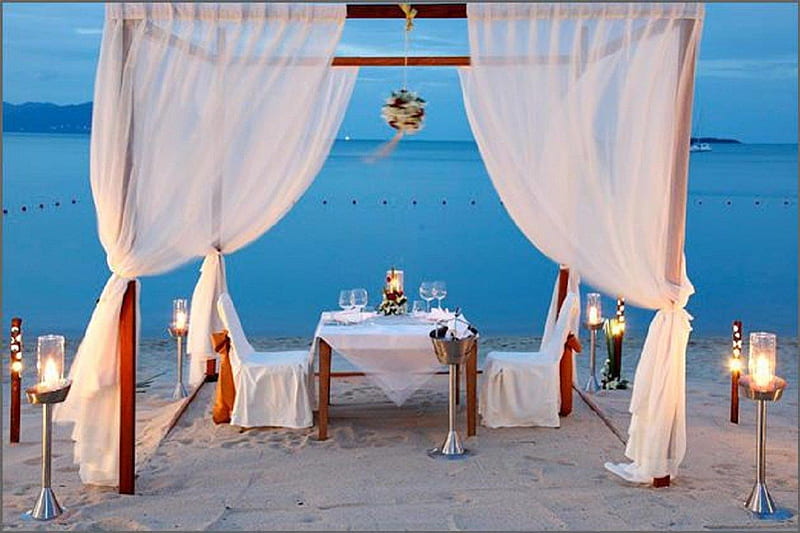 Wedding table on the beach, dinner, beach, wedding table, nature, sea, HD wallpaper