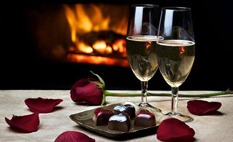 romantic, fireplace, fire, champagne, cups, style, HD wallpaper
