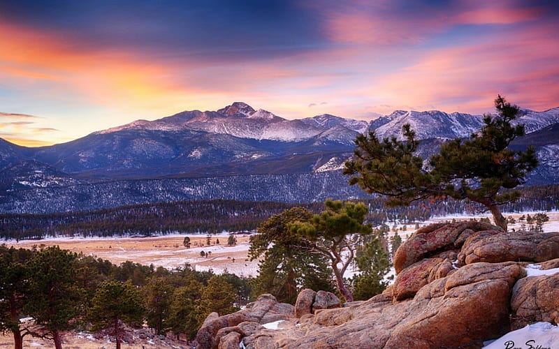 Rocky Mountains National Park, Colorado, usa, snow, sunset, trees, landscape, HD wallpaper