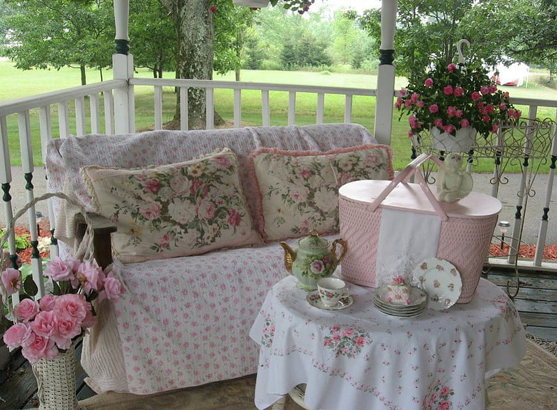 Pretty Picnic on the Porch, lovely, home, roses, picnic, tea, charming, girly, porch, basket, HD wallpaper