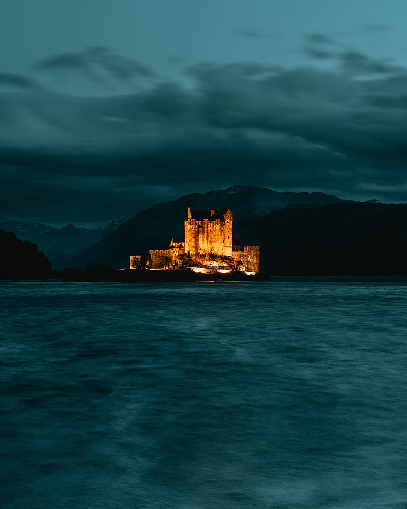 castle, island, night, dark, HD phone wallpaper