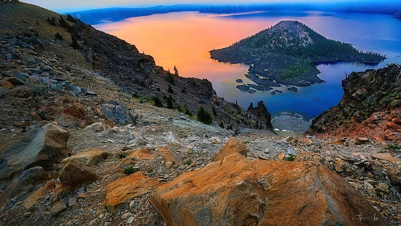 Beautiful Sunrise Colors at Crater Lake, Oregon, landscape, rocks, water, reflections, usa, HD wallpaper