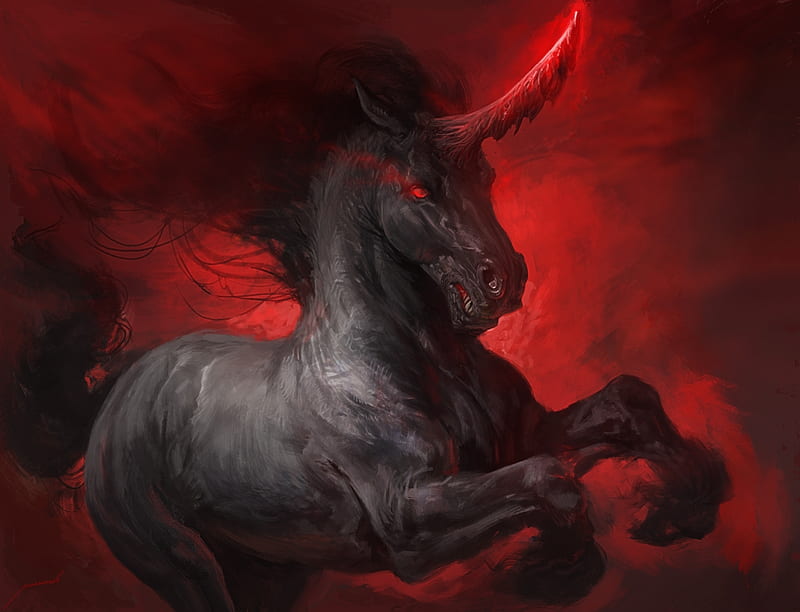 Dark unicorn, dark, unicorn, red, fantasy, luminos, black, manzanedo, HD wallpaper
