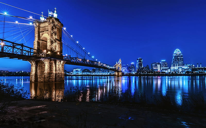 Cincinnati, John A Roebling Suspension Bridge, Cincinnati-Covington Bridge, Ohio River, sunset, evening, night, cityscape, USA, HD wallpaper