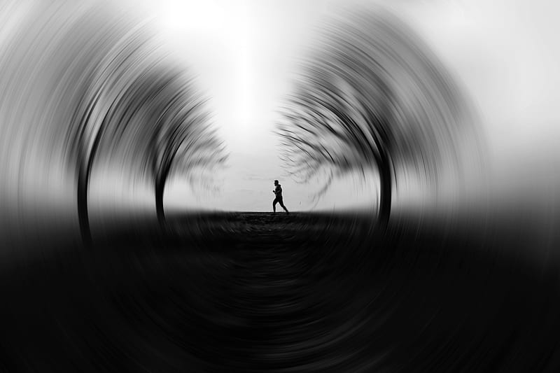 man, illussion, running, trees, monochrome, Landscape, HD wallpaper
