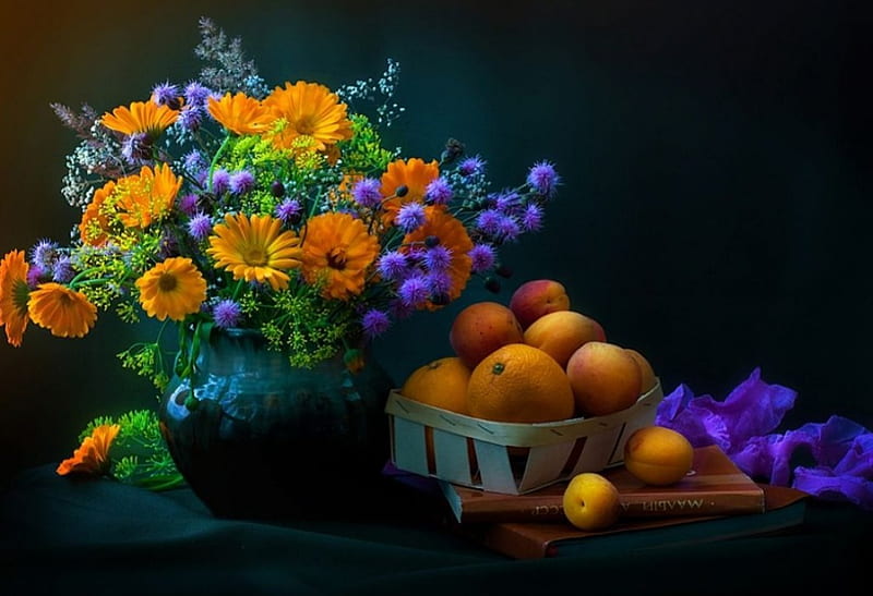 Still Life, books, basket, fruits, flowers, blossoms, vase, colors, artwork, HD wallpaper