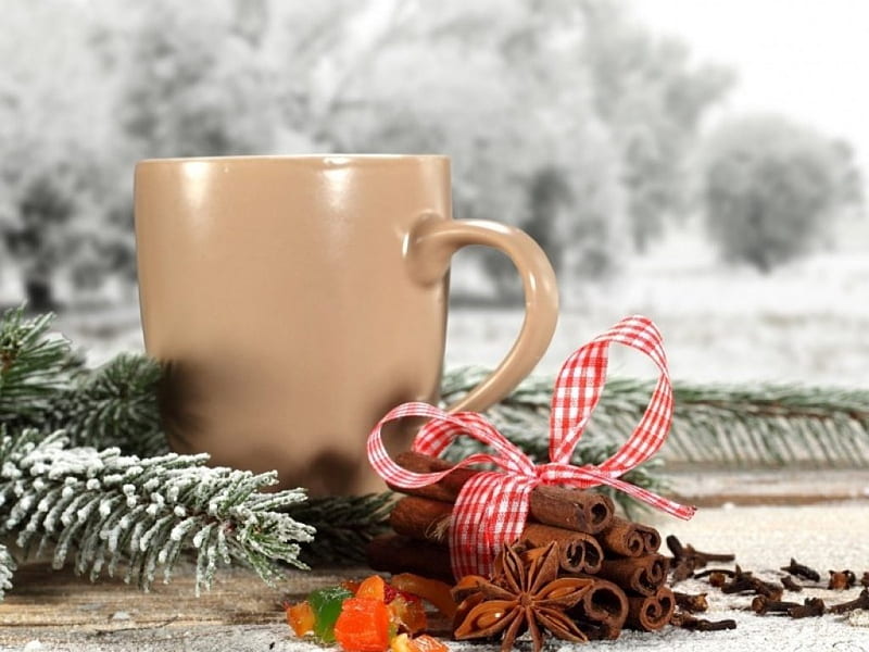 Christmas Smell, Christmas decorations, cinnamon, anise, snowy, winter, spices, snow, pine branches, cup, HD wallpaper