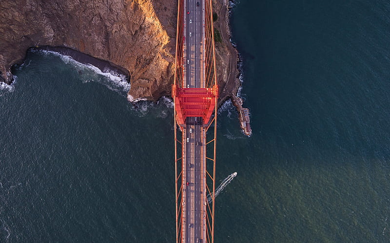 Golden Gate Bridge, San Francisco, top view, aerial view, sunset, evening, red bridge, California, USA, HD wallpaper