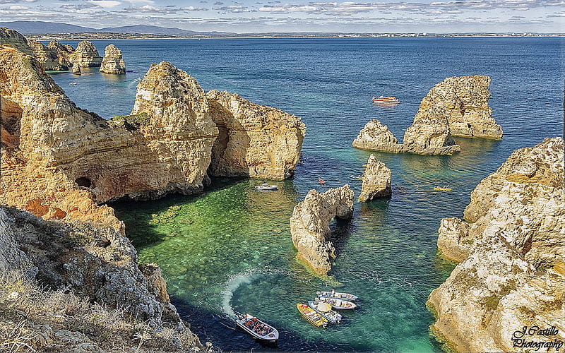 Algarve Coast, Portugal, rocks, ocean, coast, Portugal, boats, HD wallpaper