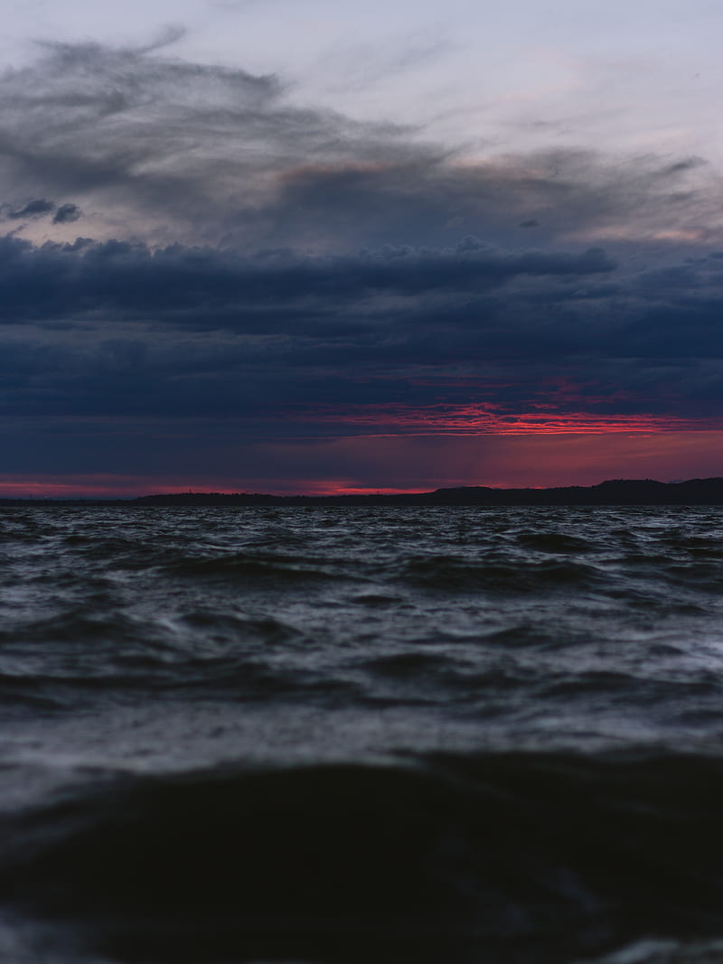 sea, twilight, horizon, waves, clouds, evening, dark, HD phone wallpaper