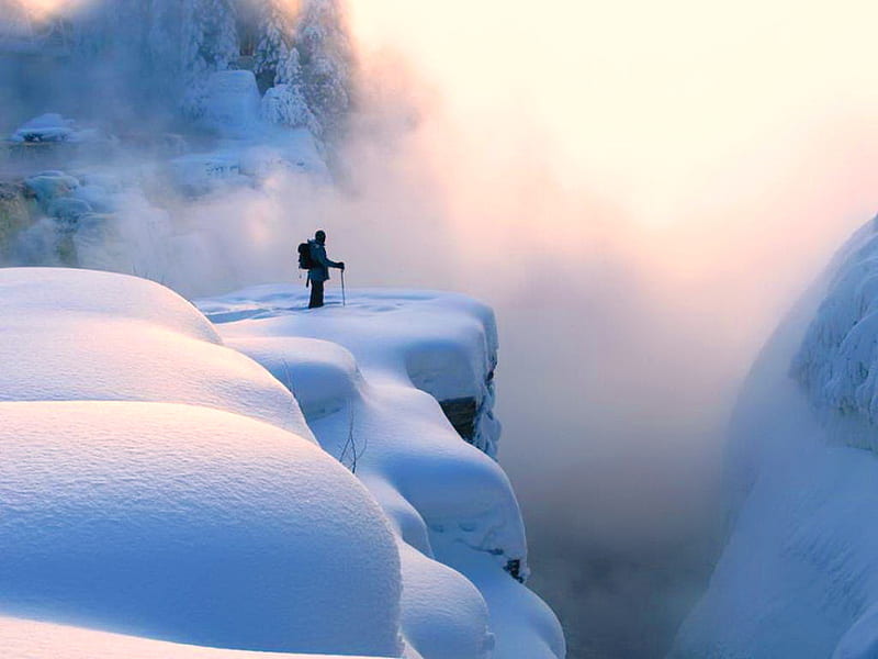 The edge, mountain, skier, snow, cliff edge, winter, mist, HD wallpaper