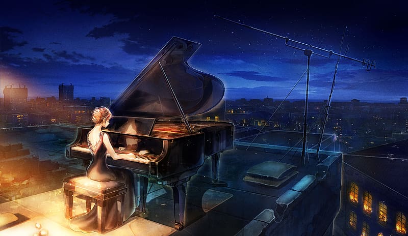 Music, Anime, Night, Piano, Starry Sky, Pianist, HD wallpaper