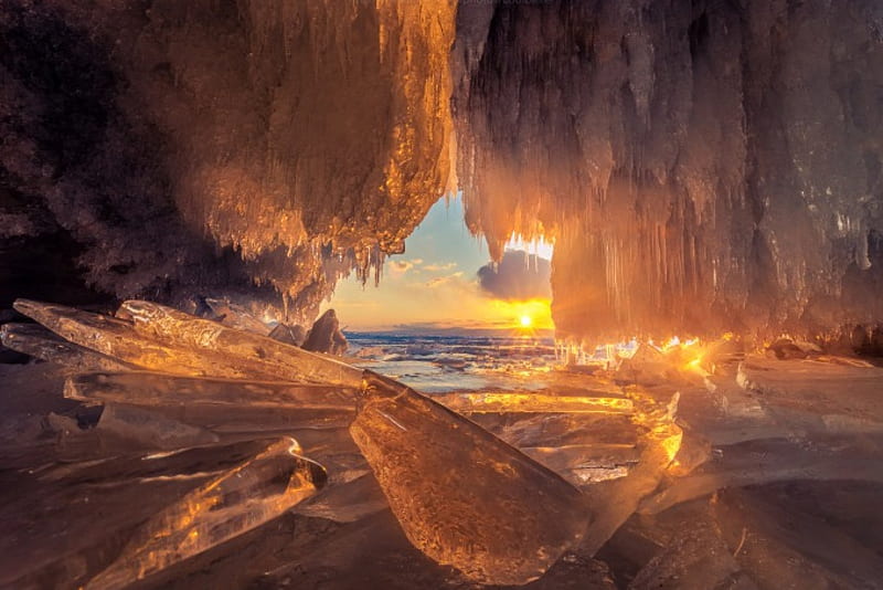 Winter Sunset View From An Ice Cave, lovely, Baikal, bonito, sunset, lake, cave, winter, cold, water, Russia, stalactites, ice, frost, HD wallpaper