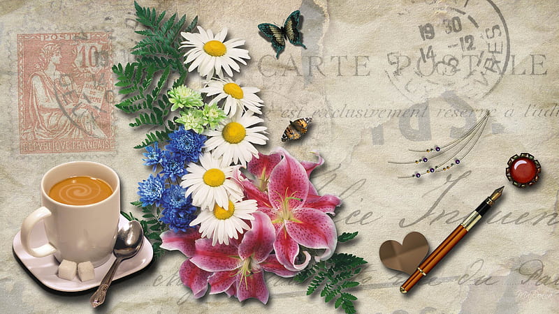 Cappucino and Flowers, firefox persona, floral, postmark, pen, butterfly, coffee, heart, summer, cup, vintage, HD wallpaper