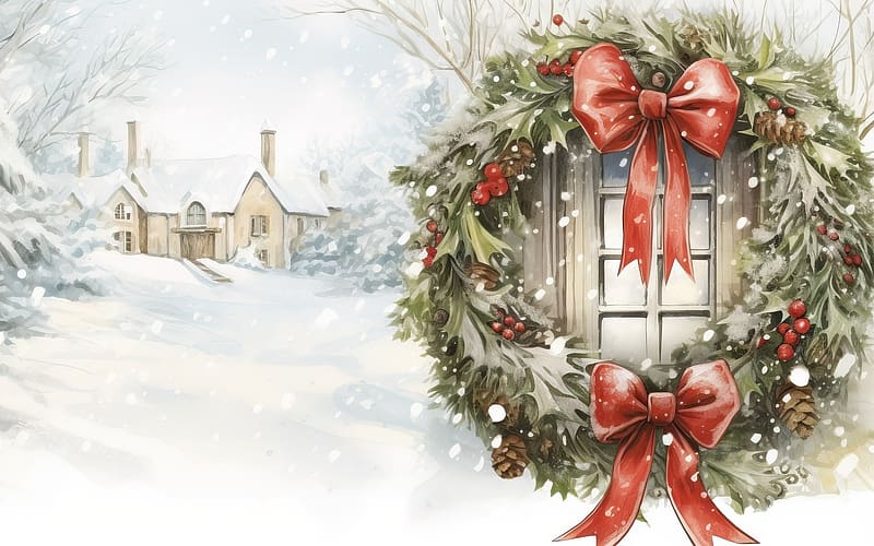 Advent Wreath, house, wreath, door, snow, bows, Advent, HD wallpaper