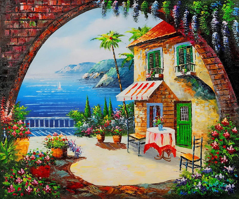 Mediterranean scene, pretty, cafe, house, cottage, sailing, bonito, sea, nice, painting, village, flowers, horizons, blue, mediterranean, art, exotic, lovely, view, ocean, place, palms, coffee, peaceful, summer, sailboat, scene, coast, HD wallpaper