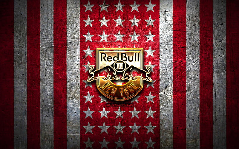 New York Red Bulls II flag, USL, red white metal background, american soccer club, New York Red Bulls II logo, USA, soccer, New York Red Bulls II FC, golden logo, HD wallpaper