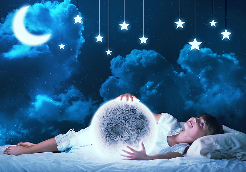 Little Girl, Stats, Moon, Clouds, Night, HD wallpaper