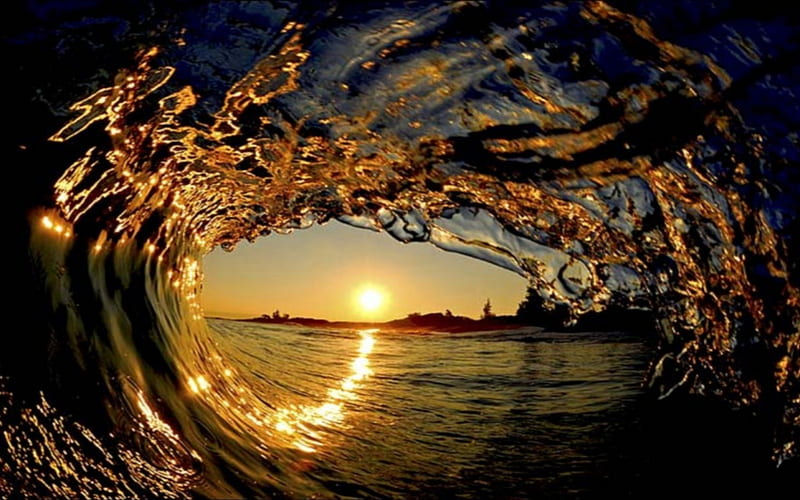 Sunset Surf Hawaii, polynesia, dusk, surf, sunset, twilight, funnel, sea, wave, beach, tube, tunnel, evening, underwater, ocean, hawaii, waves, surfing, crash, swim, island, hawaiian, HD wallpaper