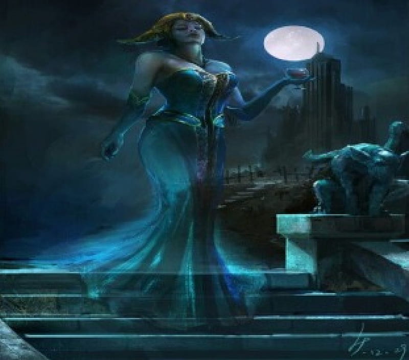 Her Spirit Remains, fantasy, moon, ghost, wine, castle, woman, HD wallpaper