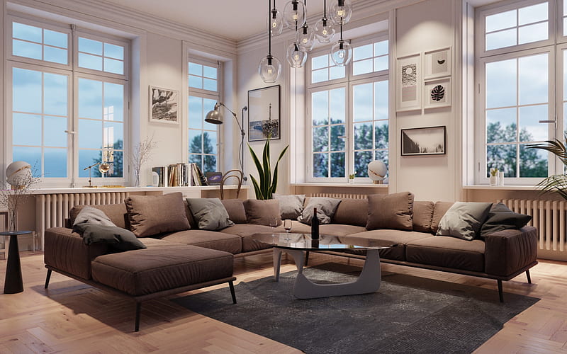 classic interior, stylish interior design, living room, large gray sofa, English interior style, gray living room, HD wallpaper