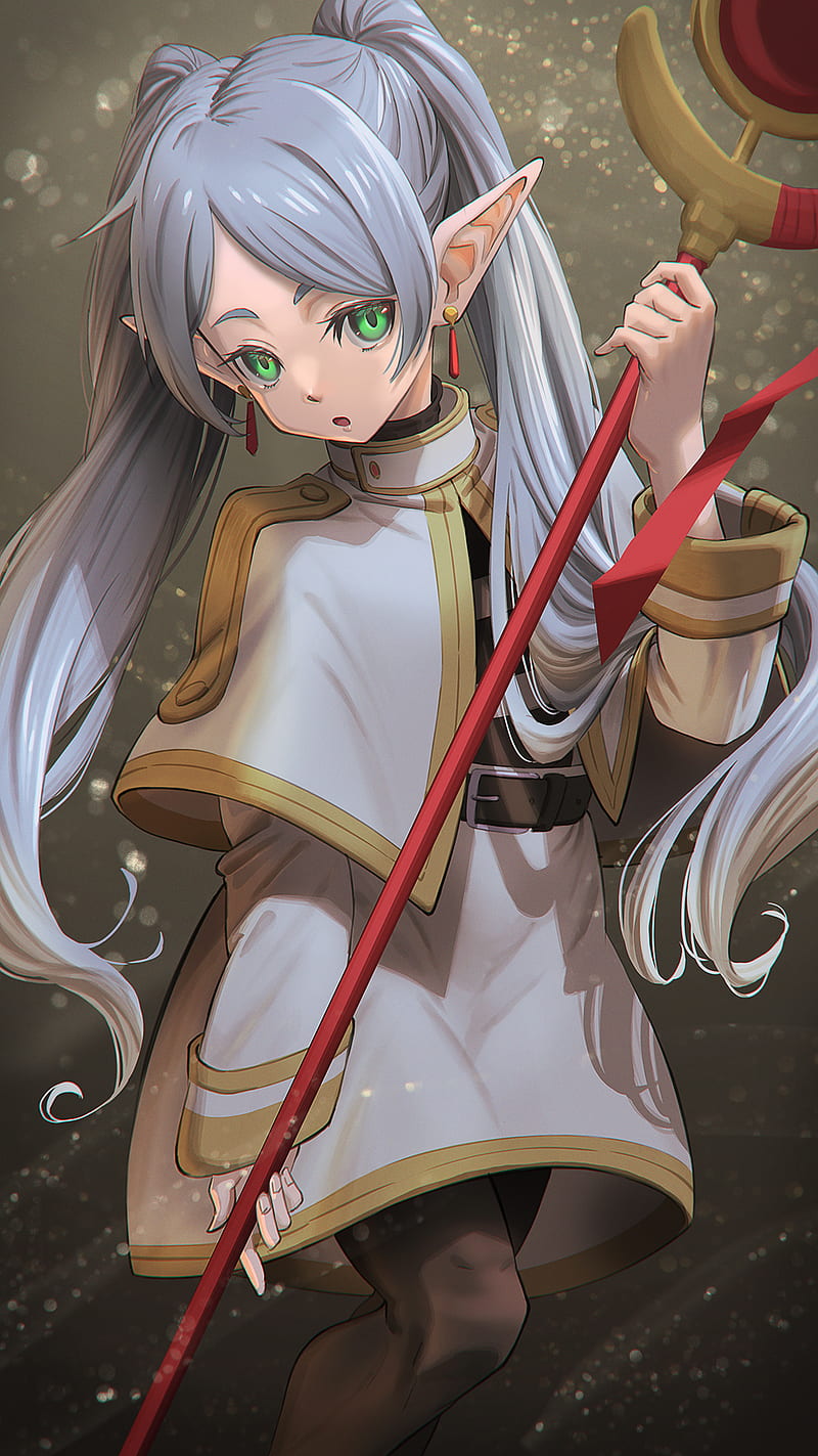 Sousou No Frieren, pointy ears, elf ears, staff, robe, wizard, grey hair, twintails, green eyes, looking at viewer, anime girls, HD phone wallpaper