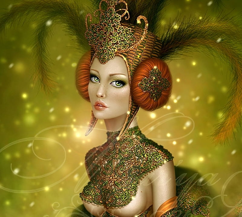 ~Emerald Queen~, dress, emerald queen, charm, bonito, adorned, digital art, women, hair, paintings, elegance, people, drawings, feathers, gorgeous, female, models, colors, hat, queen set, cool, weird things people wear, lady, HD wallpaper