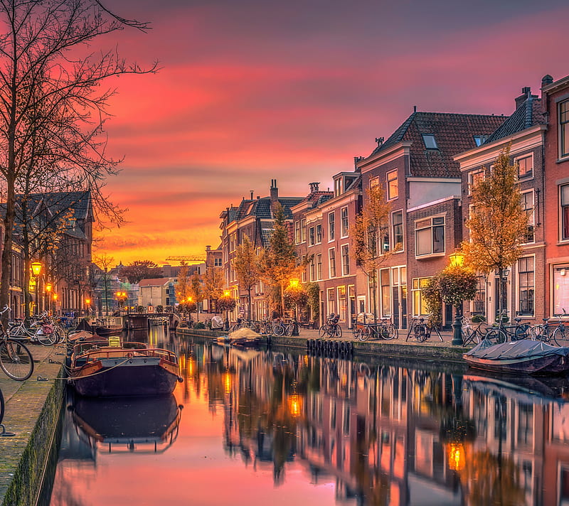 Holland, boats, canal, sunrise, sunset, HD wallpaper