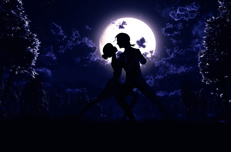 Dancing under the moonlight, moon, luminos, full, man, valentine, woman, silhouette, moon, dance, couple, blue, night, HD wallpaper