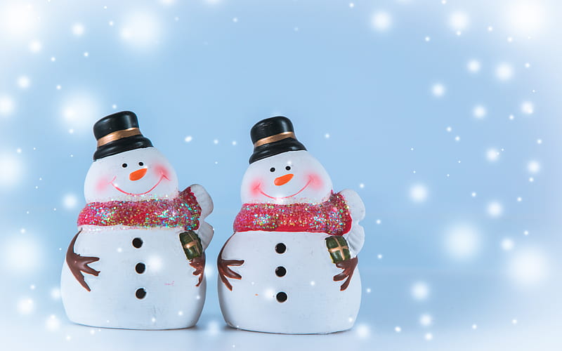 winter, snowmen, snow, snowman figurines, blue winter background, art, background with snowmen, HD wallpaper