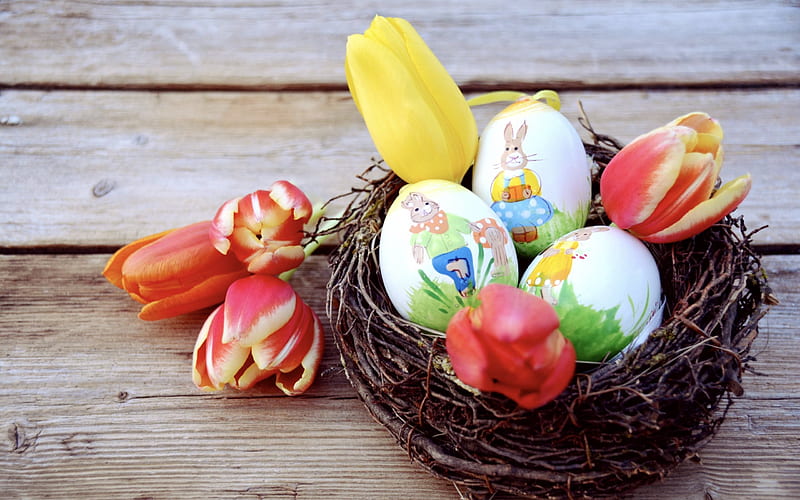 Easter eggs, tulips, Easter, yellow tulip, HD wallpaper