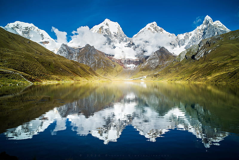 Cahuacocha, Cordillera Huayhuash, Peru, peaks, sky, reflections, lake, HD wallpaper