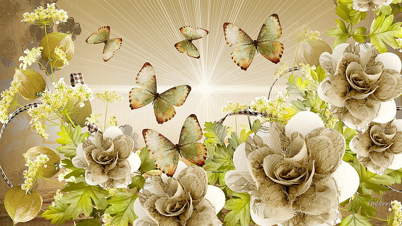 Summer Gold, Firefox theme, lace, butterflies, ribbons, roses, gold, neutral, flowers, beige, paper, HD wallpaper