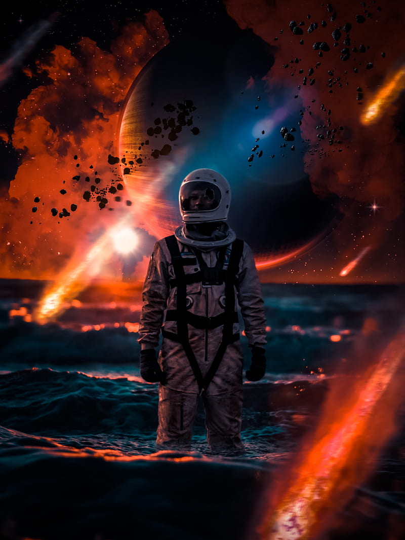 Astronaut Asteroids, cosmonaut, exploration, nasa, ocean, planet, sea, space, wave, HD phone wallpaper