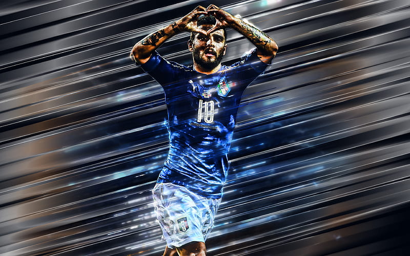Lorenzo Insigne Italy national football team, Italian footballer, creative art, blades style, Italy, blue background, lines art, football, Insigne, HD wallpaper
