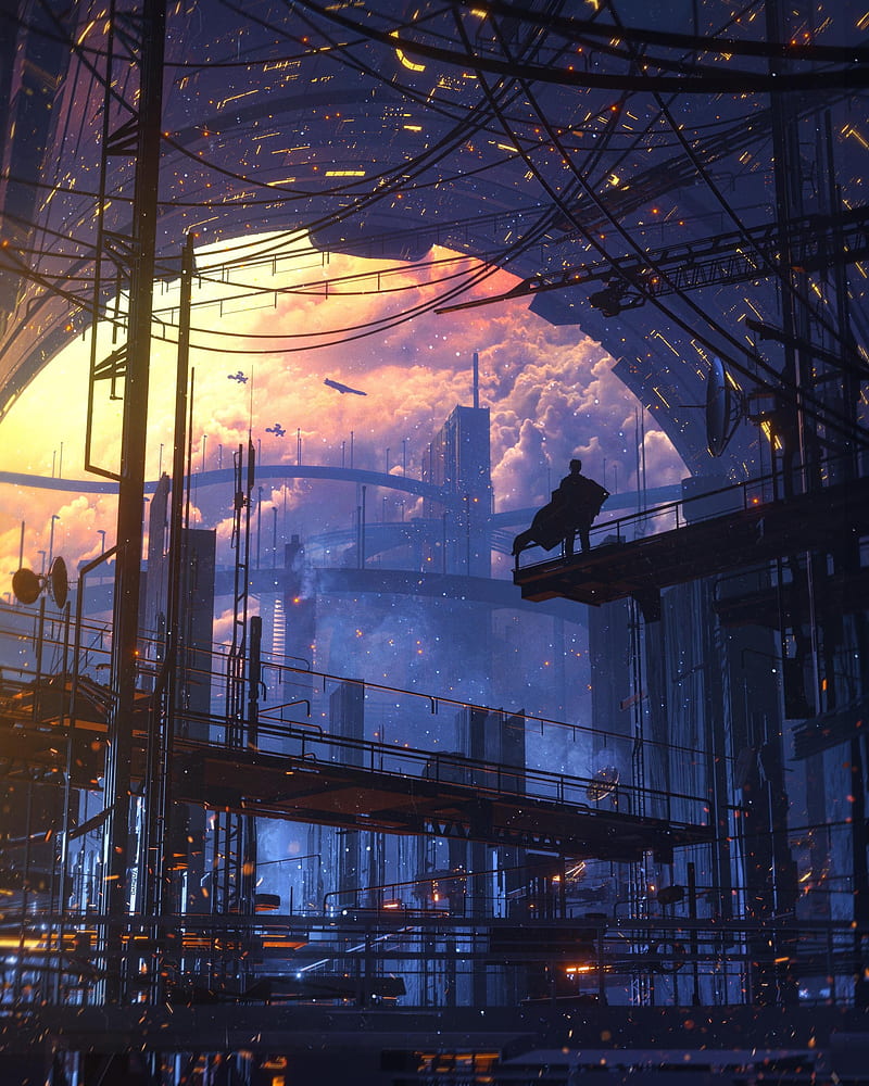 futuristic cityscape, sunset, cyberpunk, spaceships, towers, clouds, Sci-fi, HD phone wallpaper