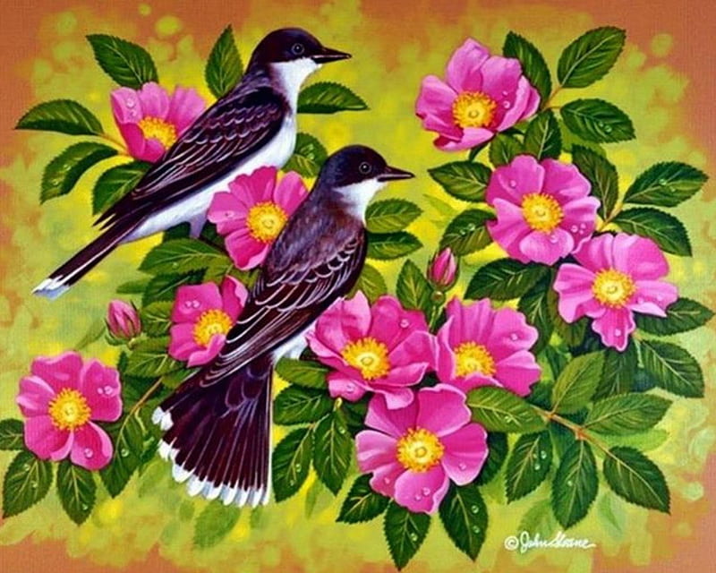 Avikalp MWZ1461 Pink Green Flowers Birds Branches 3D HD Wallpaper  Avikalp  International  3D Wallpapers
