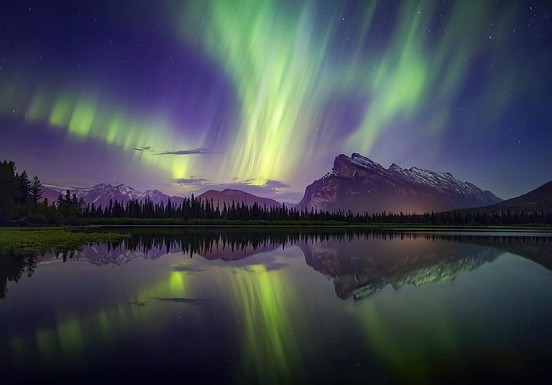 Aurora Borealis Mountains Lake Reflection Banff National Park, northern-lights, nature, aurora, HD wallpaper