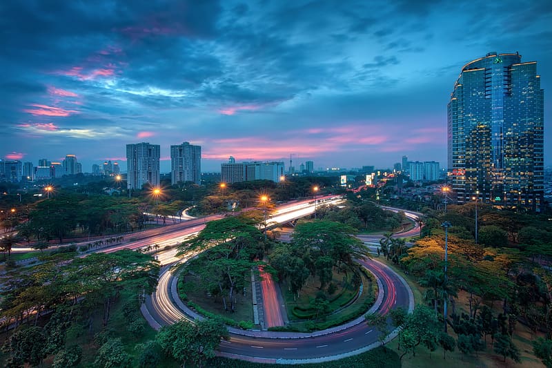 Sunset, Sky, City, Skyscraper, Building, Tree, Cityscape, Indonesia, Highway, Jakarta, , Time Lapse, Ligths, HD wallpaper