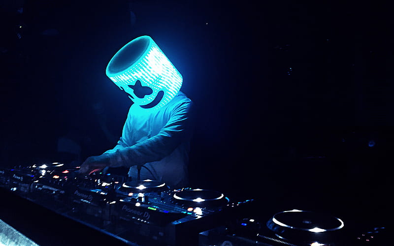 DJ Marshmello, EDM, party, blue neon light, electronic music, Chris Comstock, DJ console, HD wallpaper