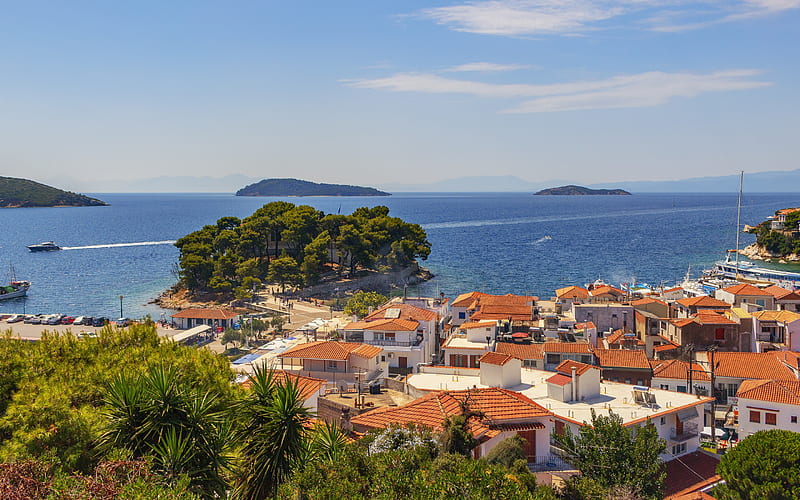 Skiathos, Aegean Sea, Greek island, resort, summer, seascape, Paradise, islands, Greece, HD wallpaper