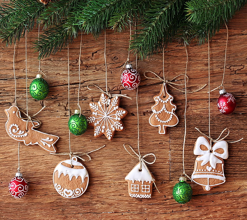 Christmas Decoration, balls, christmas, coockies, decoration, merry, wood, HD wallpaper
