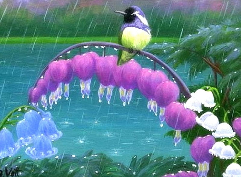 Little Bird in Rainy, cute, draw and paint, lovely, birds, flowers, love  four seasons, HD wallpaper | Peakpx